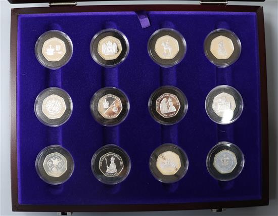 A Royal Mint Coronation Anniversary Silver Proof Collection, twelve fifty pence coins, 2003, boxed with booklet.